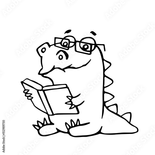 The dragon sits and reads a book. Vector illustration.