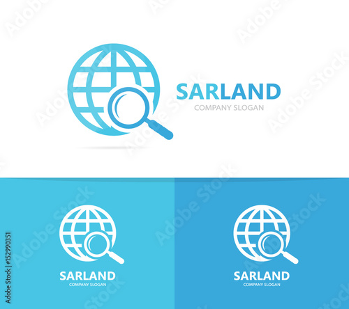 Vector of planet and loupe logo combination. World and magnifying glass symbol or icon. Unique globe and search logotype design template.