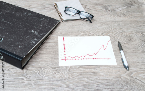 Stationery, point and folder for papers on the desktop. Top view with space for text.