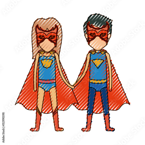 colored pencil silhouette with faceless duo of superheroes united of the hands and her with long hair vector illustration