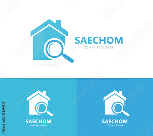 Vector of real estate and loupe logo combination. House and magnifying glass symbol or icon. Unique rent and search logotype design template.
