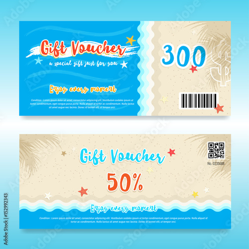 Gift voucher or gift card in summer theme with beach and sea for summer promo event