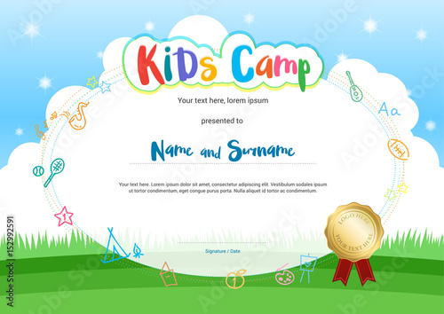Kids summer camp diploma or certificate with cartoon style background