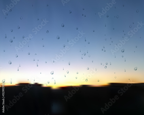 Sunset after rain vector. Water drops on glass. Spray at sundown.