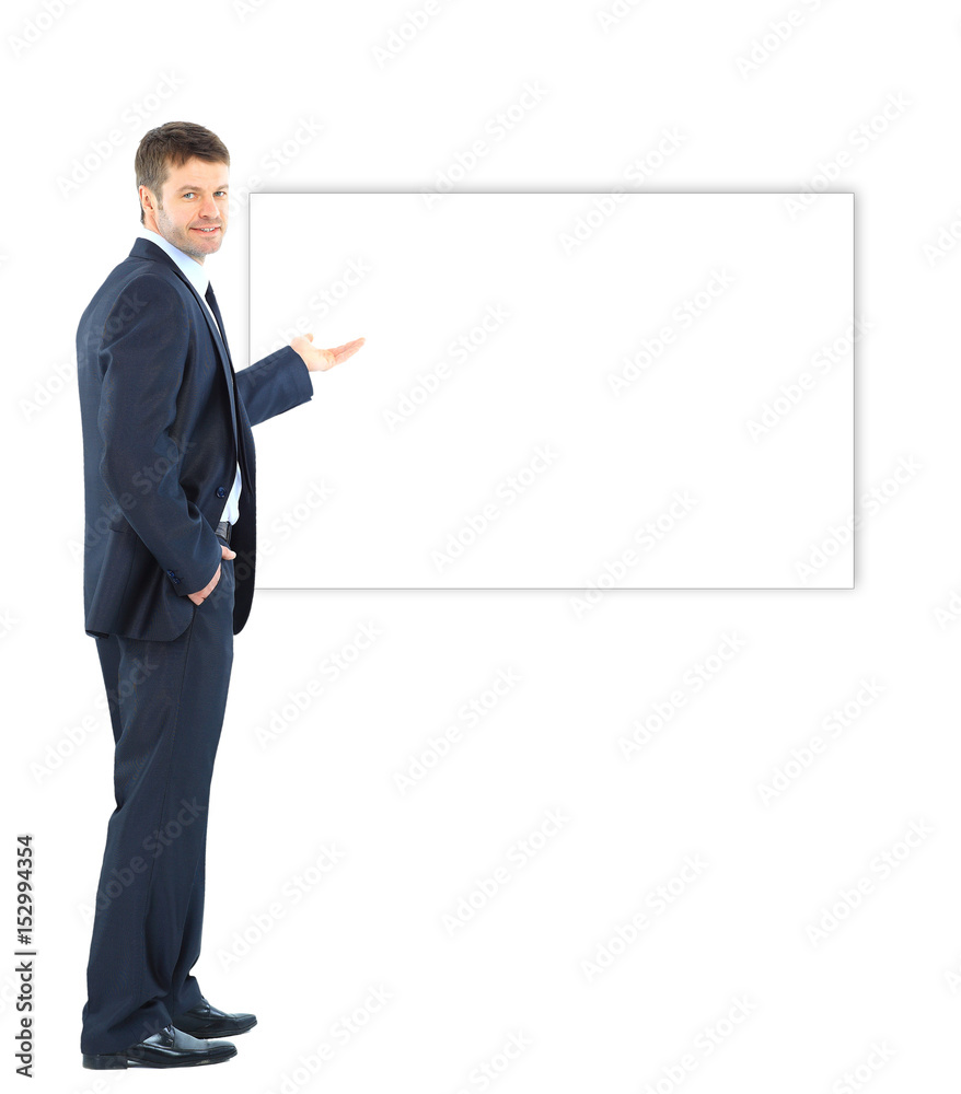 Happy business man presenting and showing with copy space for your text isolated on white background Happy business man presenting and showing with copy space for your text isolated on white background
