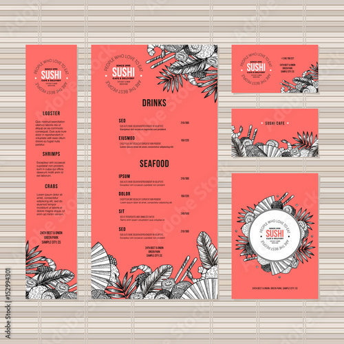 Sushi menu template. Asian food restaurant identity. Engraved style illustration. Vector illustration