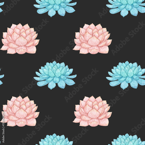 Hand drawn watercolor pink and blue succulent seamless pattern on the gray background