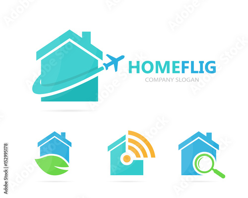 Vector of real estate and plane logo combination. House and travel symbol or icon. Unique rent and flight logotype design template.