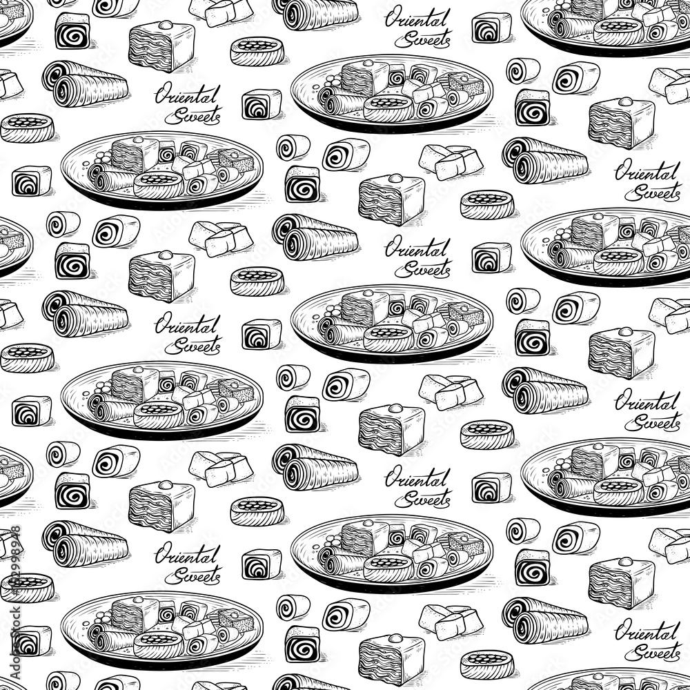 Vector seamless black and white sketch backdrop in the style of the etching. Collection of traditional Oriental sweets and lettering Vector seamless black and white sketch backdrop in the style of the etching. Collection of traditional Oriental sweets and lettering