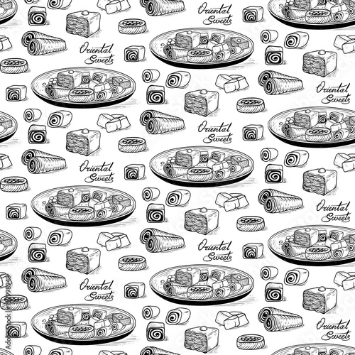 Vector seamless black and white sketch backdrop in the style of the etching. Collection of traditional Oriental sweets and lettering