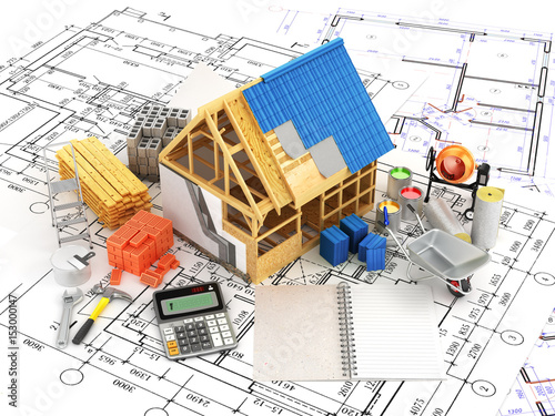 building and construction materials located on top of the drawings. 3D illustration