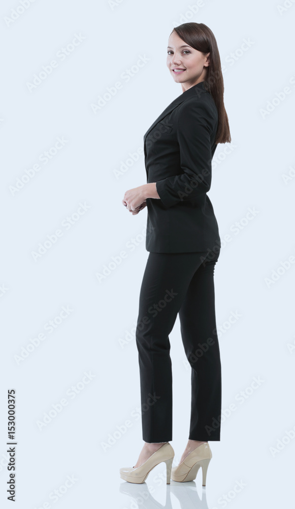 Smiling business woman, isolated on gray background.