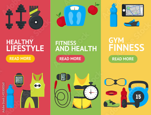 Cartoon Fitness Sport Banner Vecrtical Set. Vector photo