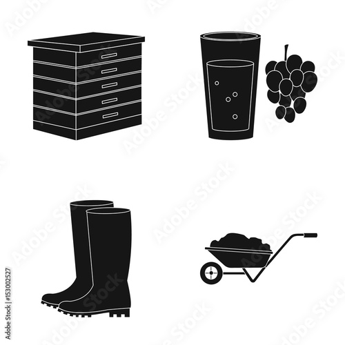 Hive, grapes, boots, wheelbarrow.Farm set collection icons in black style vector symbol stock illustration web.