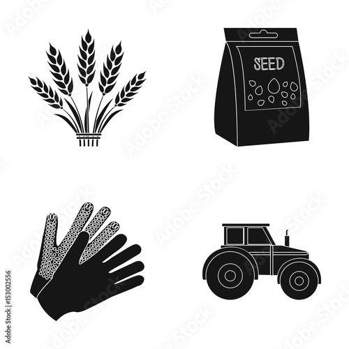 Spikelets of wheat, a packet of seeds, a tractor, gloves.Farm set collection icons in black style vector symbol stock illustration web.
