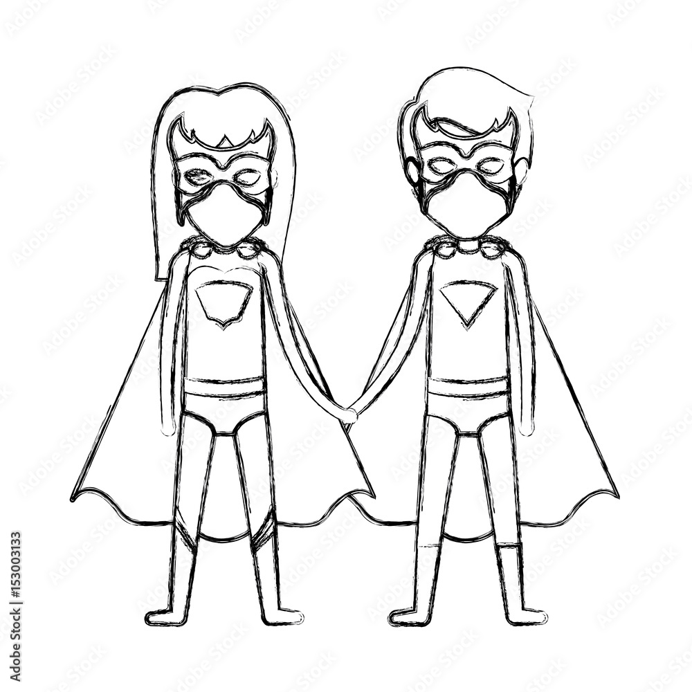 monochrome blurred contour faceless of duo of superheroes united of the hands and her with long hair vector illustration monochrome blurred contour faceless of duo of superheroes united of the hands and her with long hair vector illustration