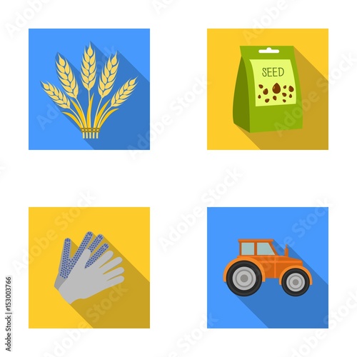 Spikelets of wheat, a packet of seeds, a tractor, gloves.Farm set collection icons in flat style vector symbol stock illustration web.