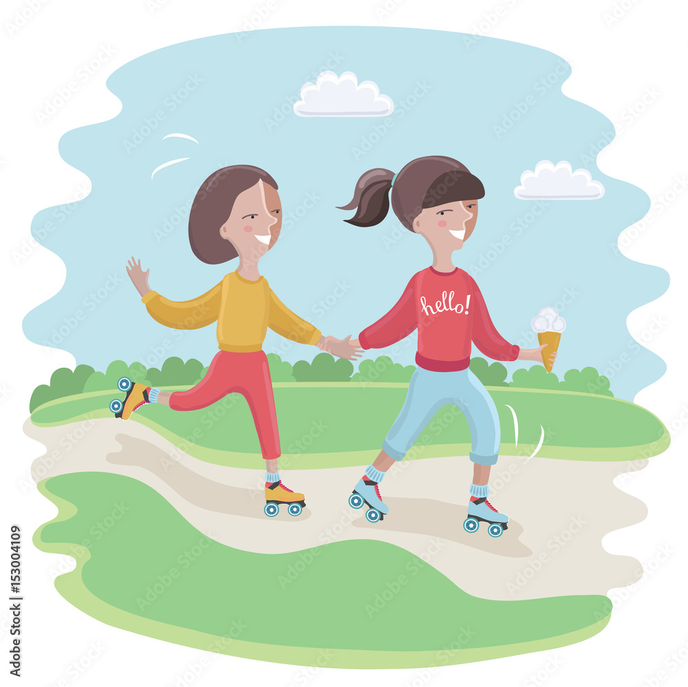 Girl learn to ride the rollers her friend in a park Girl learn to ride the rollers her friend in a park