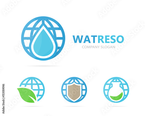 Vector of oil and planet logo combination. Drop and world symbol or icon. Unique water, aqua and globe logotype design template.