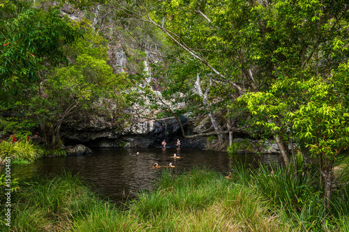 Kondalilla Falls, AUS - JAN 21 2017 - People enjoying hot day in rainforest Kondalilla Falls swimming hole, Australia