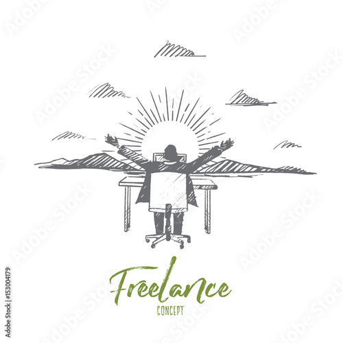 Vector hand drawn Freelance concept sketch. Man sitting on chair rear view and working with his laptop with hands raised, mountains and sun at background