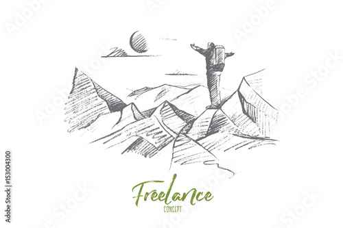 Vector hand drawn Freelance concept sketch. Man tourist with backpack standing at the top of hill and enjoying nature and sun
