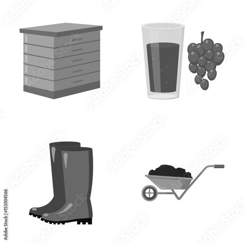 Hive, grapes, boots, wheelbarrow.Farm set collection icons in monochrome style vector symbol stock illustration web.