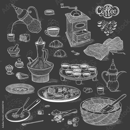 Vector sketch set Arabic cup and coffeepot, vintage coffee grinder, Oriental sweets, roasted coffee beans. Illustration black and white items of the coffee ceremony. On the chalk board style.