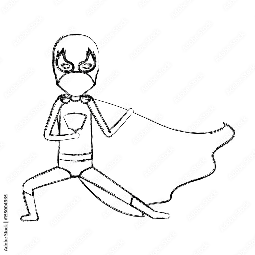 Fototapeta premium monochrome blurred contour faceless of kid superhero in defensive pose vector illustration