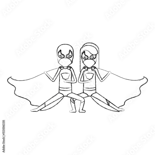 monochrome blurred contour faceless of duo of superheroes in defensive pose and her with straight long hair vector illustration