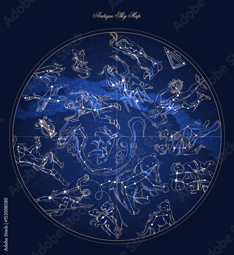 Astronomy characters sky map with constellation and star names vector photo