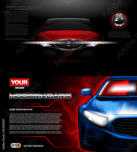 Digital vector red and blue modern sport car mockup, ready for print or magazine design. Your brand, white lights on. Black background. Transparent, realistic 3d, reflection