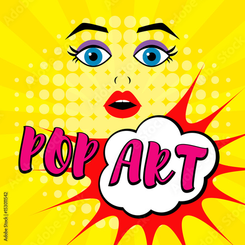 Pop art surprised blond woman face with open mouth. Comic woman with speech bubble. Vector illustration. 