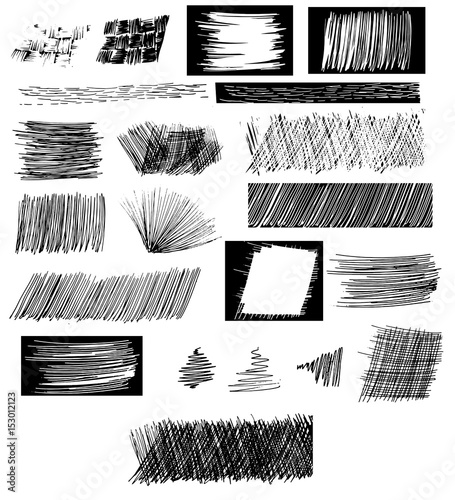 Set of hatchings. Vector illustration. Hand drawing. Texture of scrawl and pencil. Light distressed dackground for web banners. Doodle style sketched strokes, frames, shaded.  Cross lines canvas