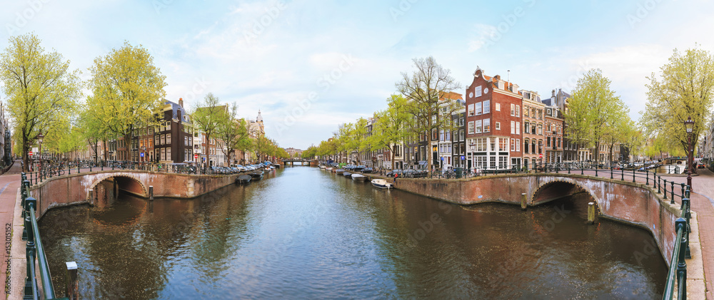 Obraz premium Canals of Amsterdam. Summer panorama of Rossebuurt district