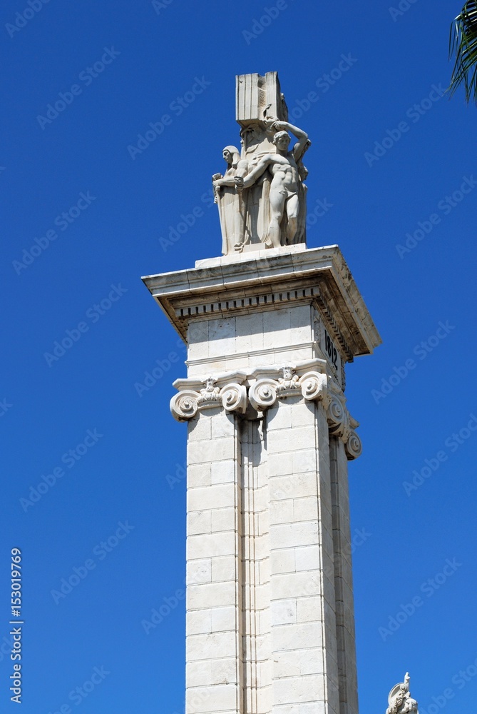 Top part of the Monument to the Cadiz constitution in the Plaza Espana, Cadiz, Spain.