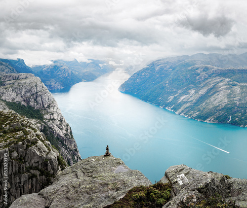 Lysefjord and mountains, view from above. Epic landscape of wonderful Norwegian nature. Location on the hiking way to Preikestolen landmark, famous and popular natural travel destination in Norway. photo