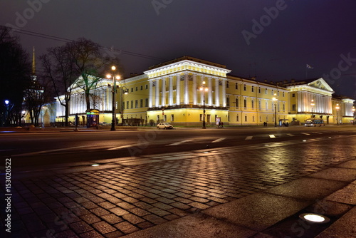 The Admiralty illuminated at night in the rain. Saint Petersburg