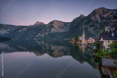 Scenic view of famous Hallstatt mountain village with Hallstaetter Lake in the Austrian Alps, region of Salzkammergut, Austria