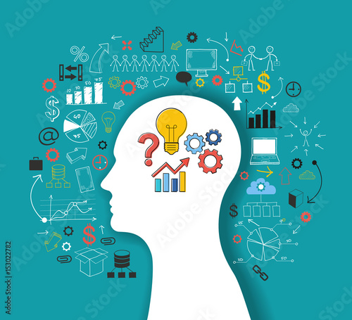 Silhouette of a man's head with business doodle icons