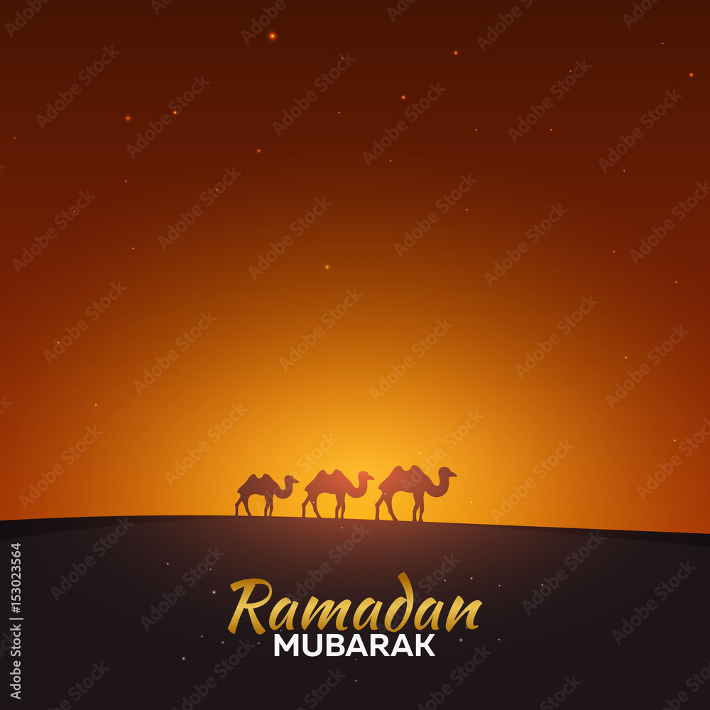 Ramadan Kareem. Ramadan Mubarak. Greeting card. Arabian night and camels.
