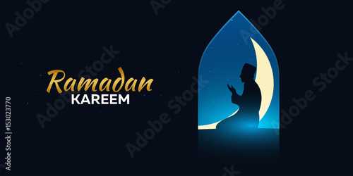 Ramadan Kareem. Ramadan Mubarak. Greeting card. Arabian night with Crescent moon.