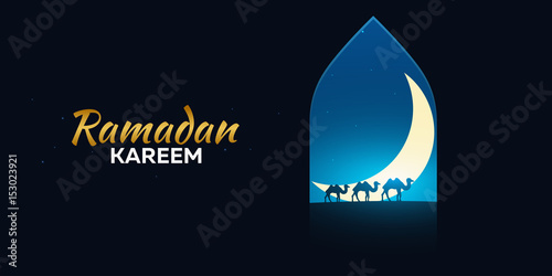 Ramadan Kareem. Ramadan Mubarak. Greeting card. Arabian night with Crescent moon and camels.