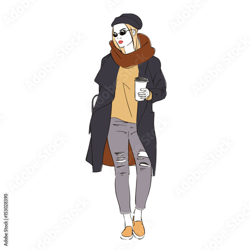 Beautiful hipster young blonde women in a fashion jacket in scarf with coffee. Vector illustration.