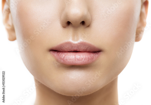 Lips, Woman Face Mouth Beauty, Beautiful Skin and Full Lip Closeup, Pink Lipstick photo