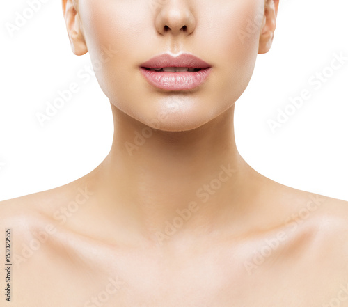 Photo Lips, Woman Face Beauty, Mouth and Neck Skin Closeup, Women Skincare