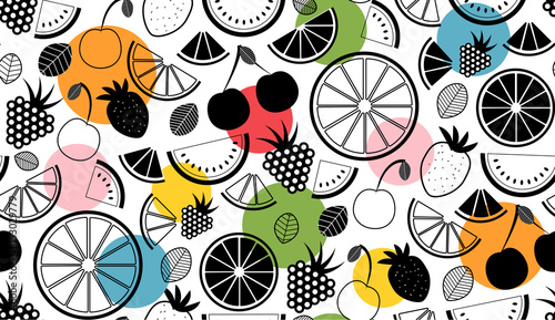 Monochrome vector summer seamless pattern with fruits illustration isolated on white background