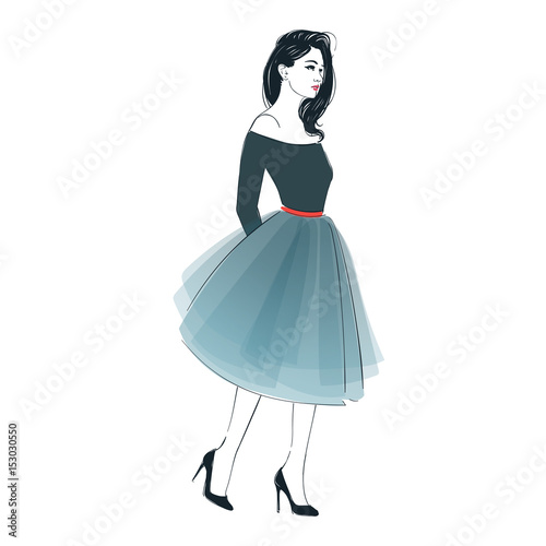 Beautiful young women in a fashion retro midi skirt. Vector hand drawn illustration.