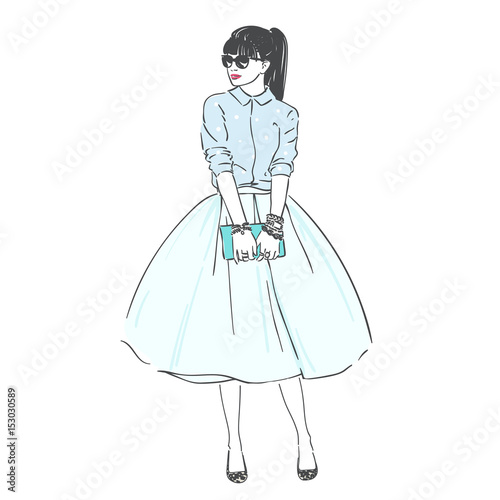Beautiful young women in a fashion retro clothes in glasses with bag. Vector hand drawn illustration.
