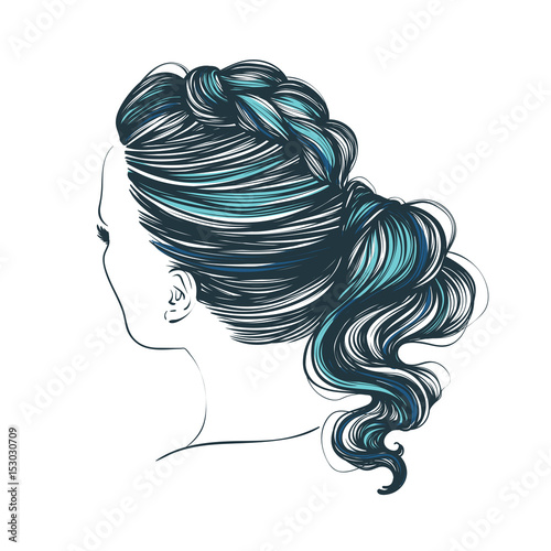 Beauty woman with luxurious long braid hairstyle . Vector hand drawn illustration.